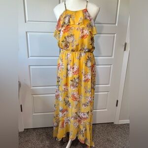 AUW Floral Maxi Sun Dress Yellow Ruffle Halter Flowy Bohemian Sleeveless Dress L